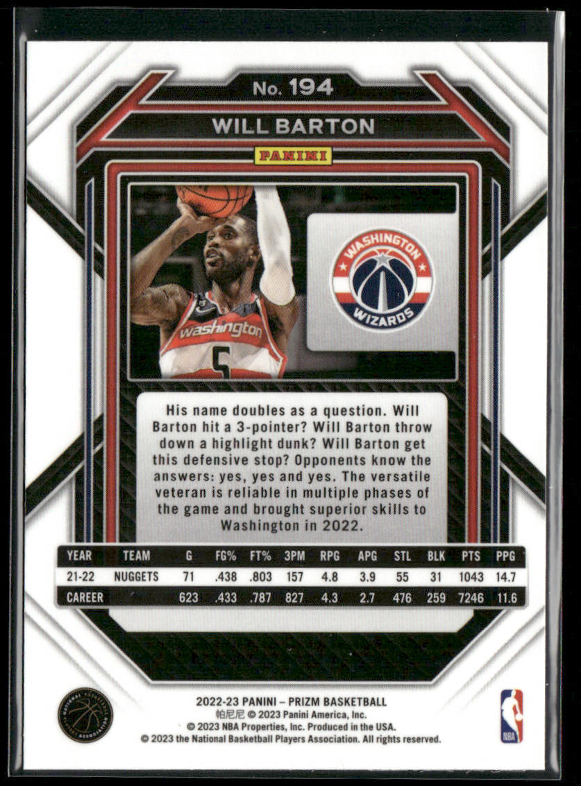 Will Barton 2022-23 Panini Prizm #194 Washington Wizards