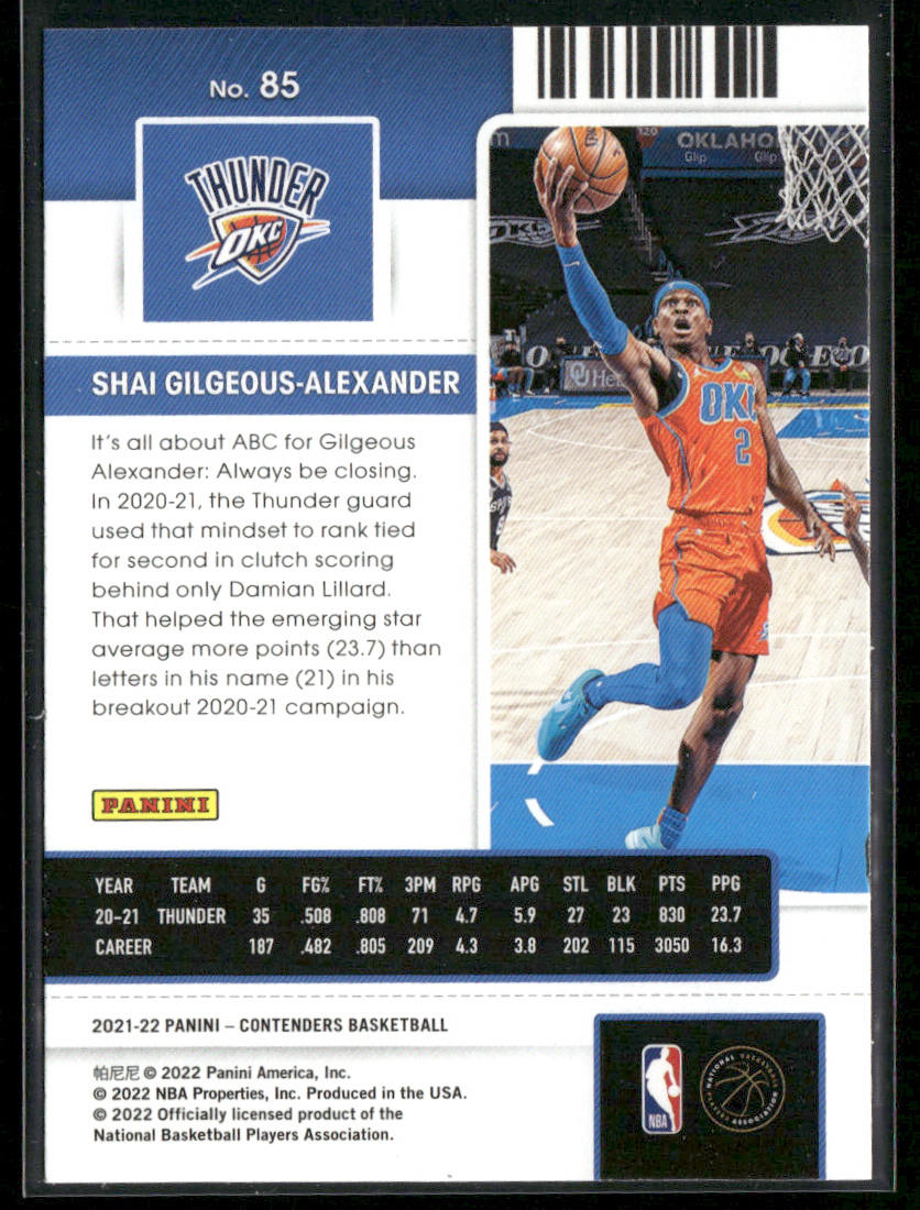 Shai Gilgeous-Alexander 2021-22 Panini Contenders #85 Oklahoma City Thunder