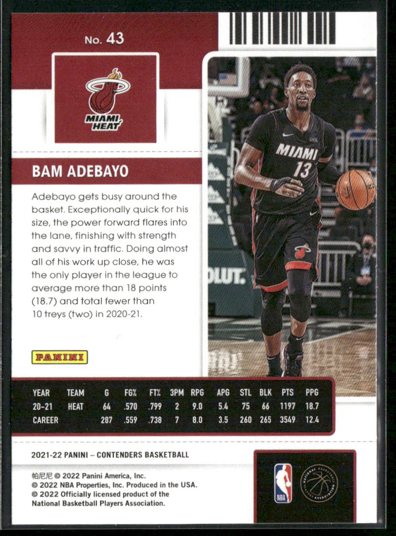 Bam Adebayo 2021-22 Panini Contenders #43 Miami Heat