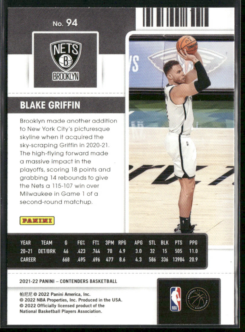 Blake Griffin 2021-22 Panini Contenders #94 Brooklyn Nets