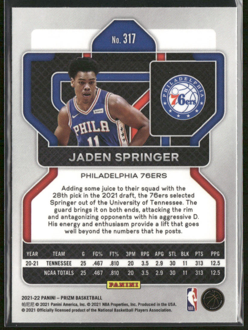Jaden Springer 2021-22 Panini Prizm #317 RC Philadelphia 76ers