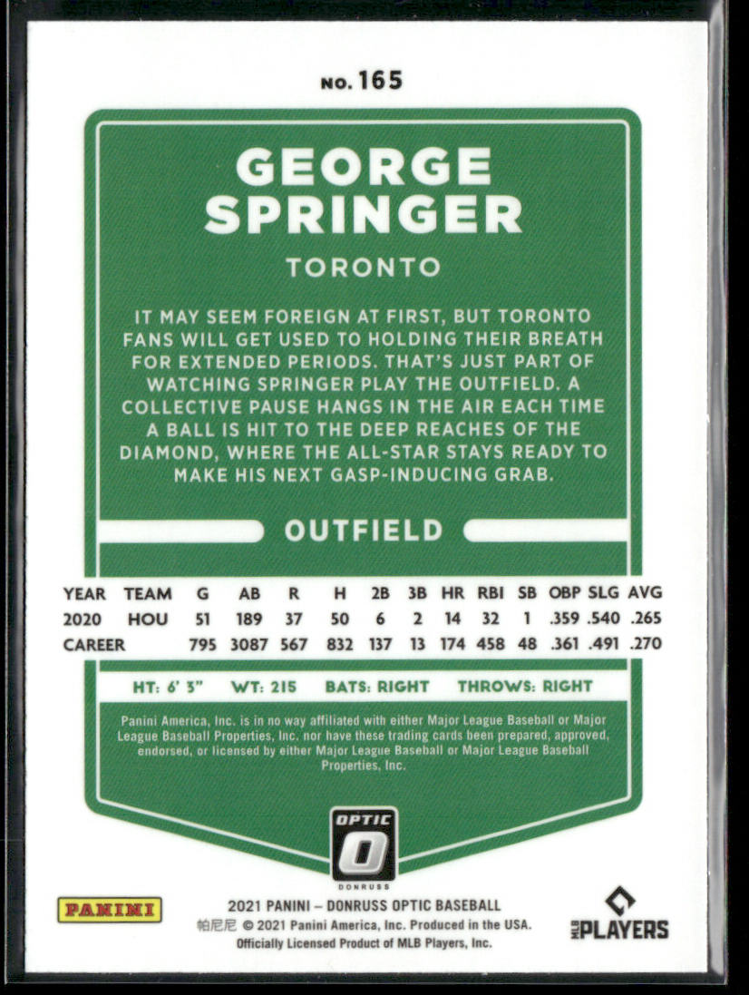 George Springer 2021 Donruss Optic #165 Toronto Blue Jays
