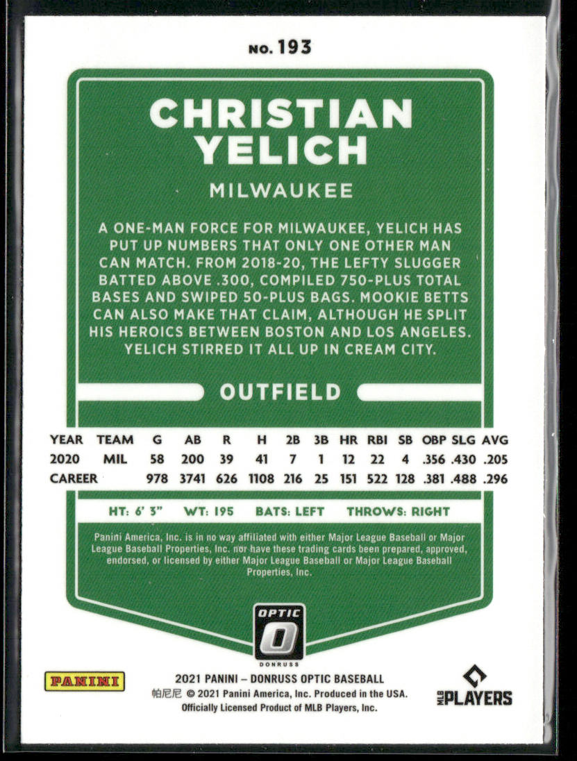 Christian Yelich 2021 Donruss Optic #193 Milwaukee Brewers