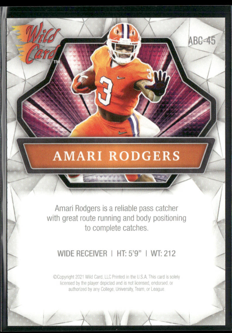 Amari Rodgers 2021 Wild Card Alumination #ABC-45 Clemson Tigers back