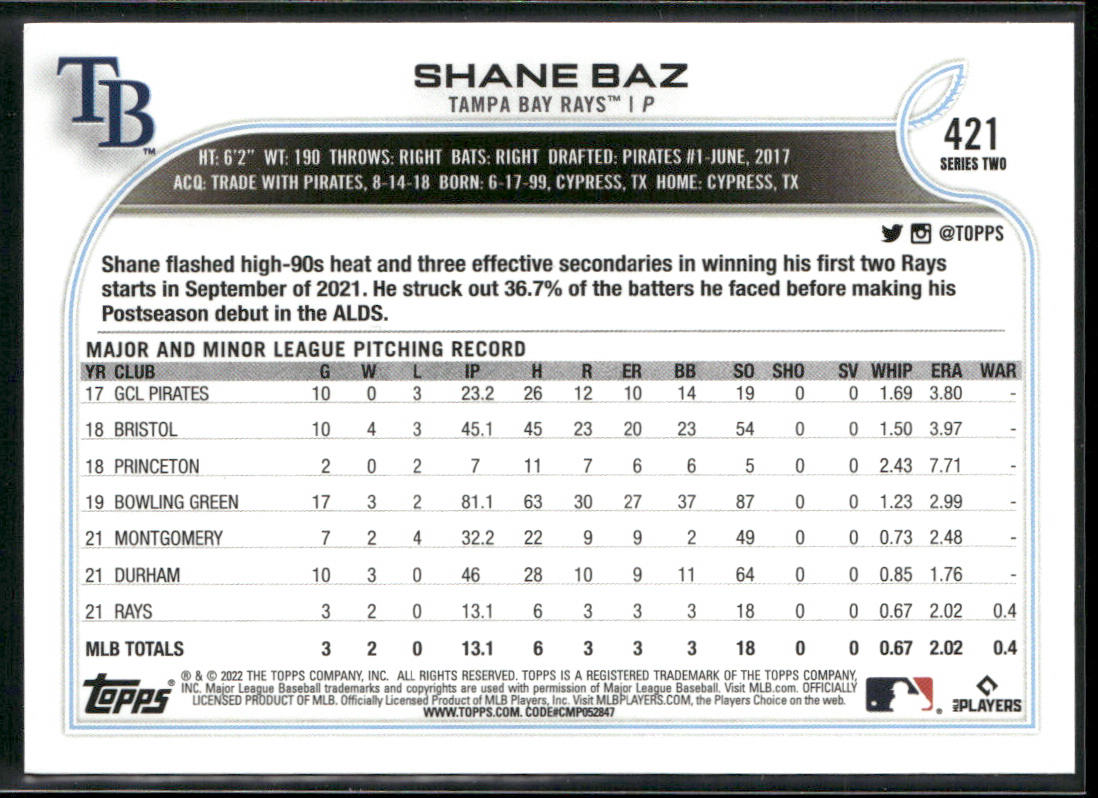 Shane Baz 2022 Topps #421 RC Tampa Bay Rays back