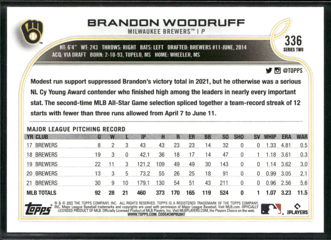 Brandon Woodruff 2022 Topps #336 Milwaukee Brewers