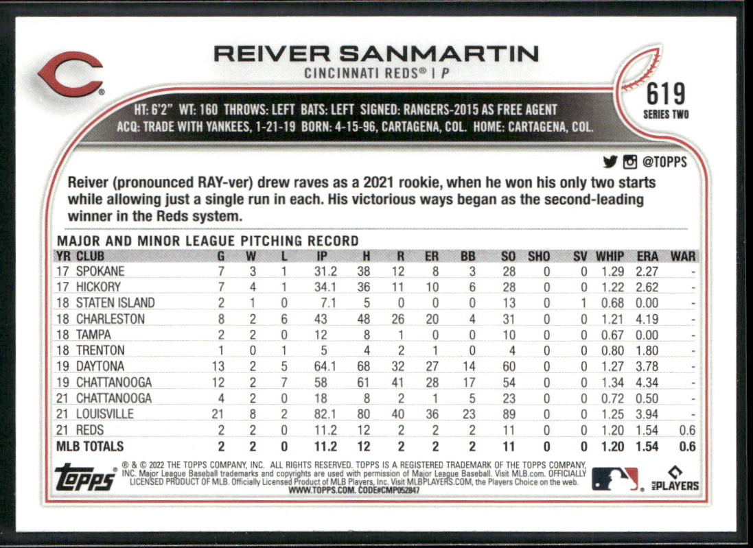 Reiver Sanmartin 2022 Topps #619 RC Cincinnati Reds