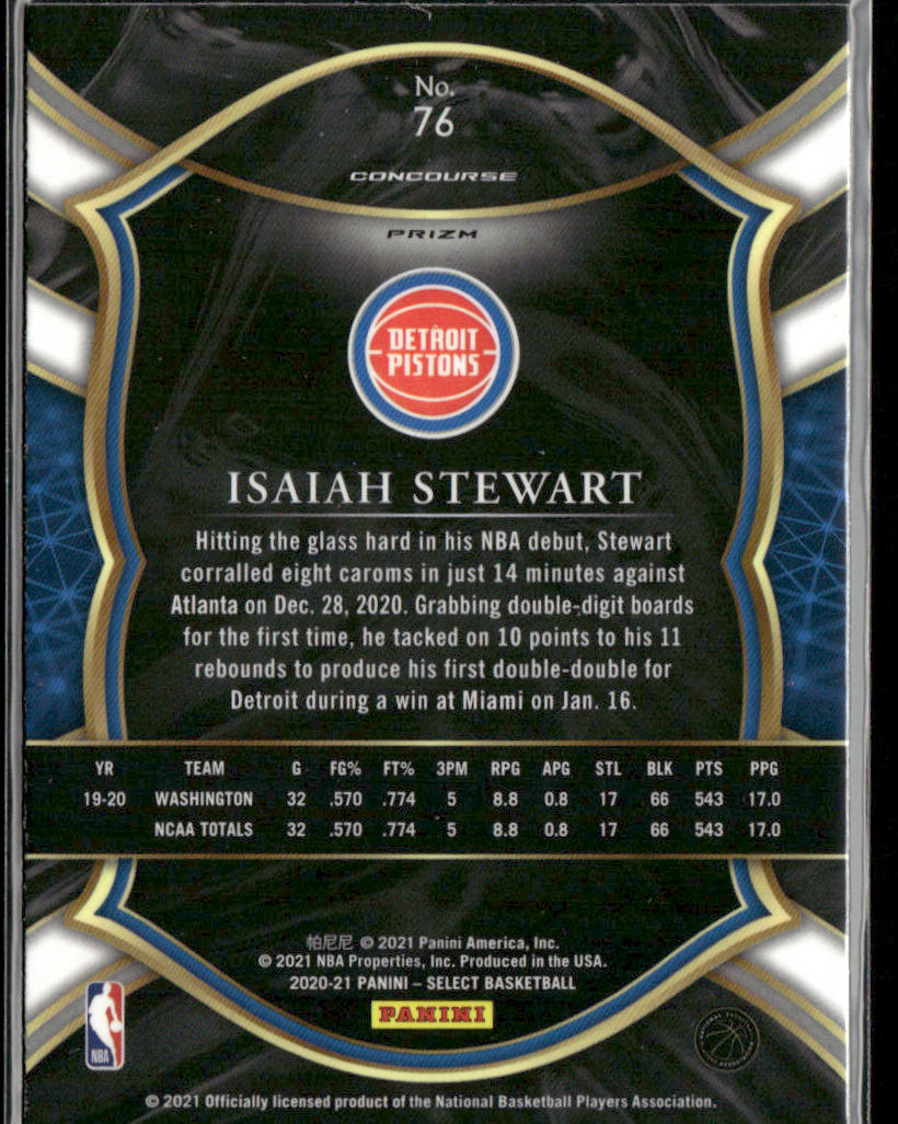 Isaiah Stewart 2020-21 Panini Select Blue Prizms #76 RC Detroit Pistons
