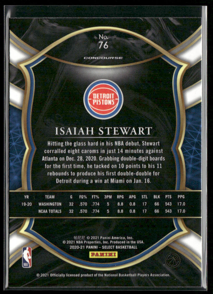 Isaiah Stewart 2020-21 Panini Select Blue #76 RC Detroit Pistons back