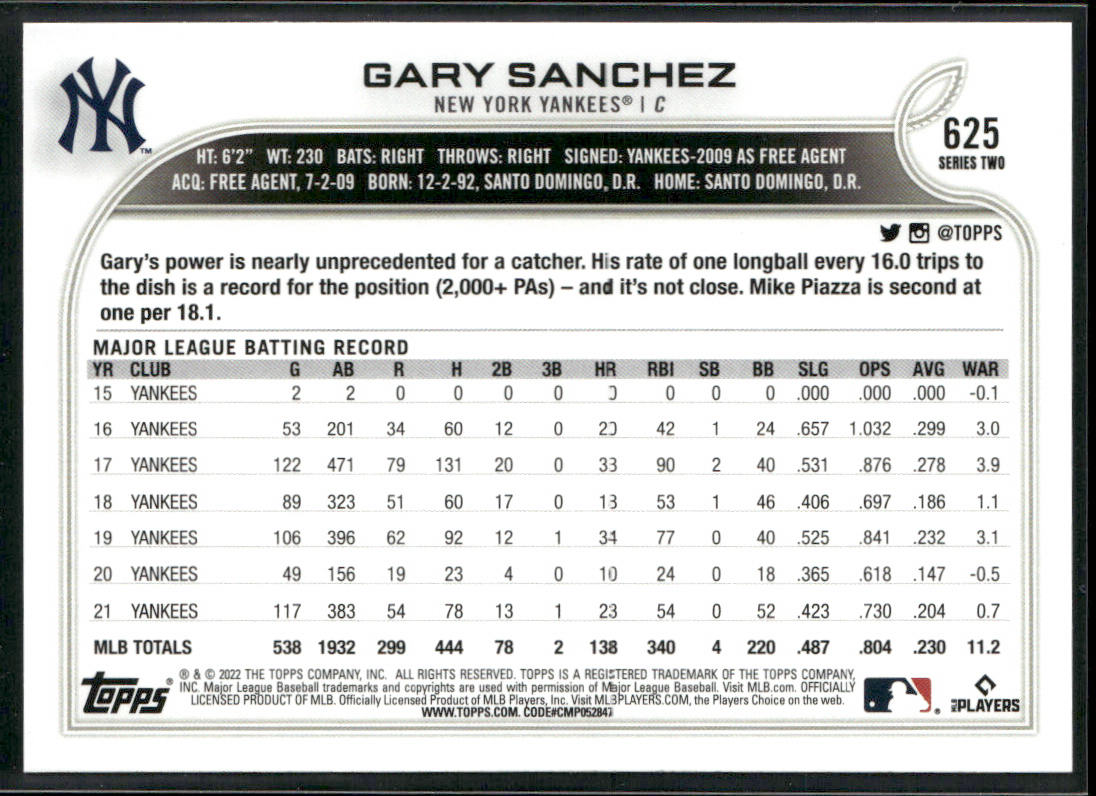 Gary Sanchez 2022 Topps #625 New York Yankees