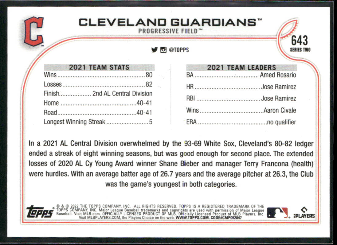 Cleveland Guardians 2022 Topps #643 Cleveland Guardians back