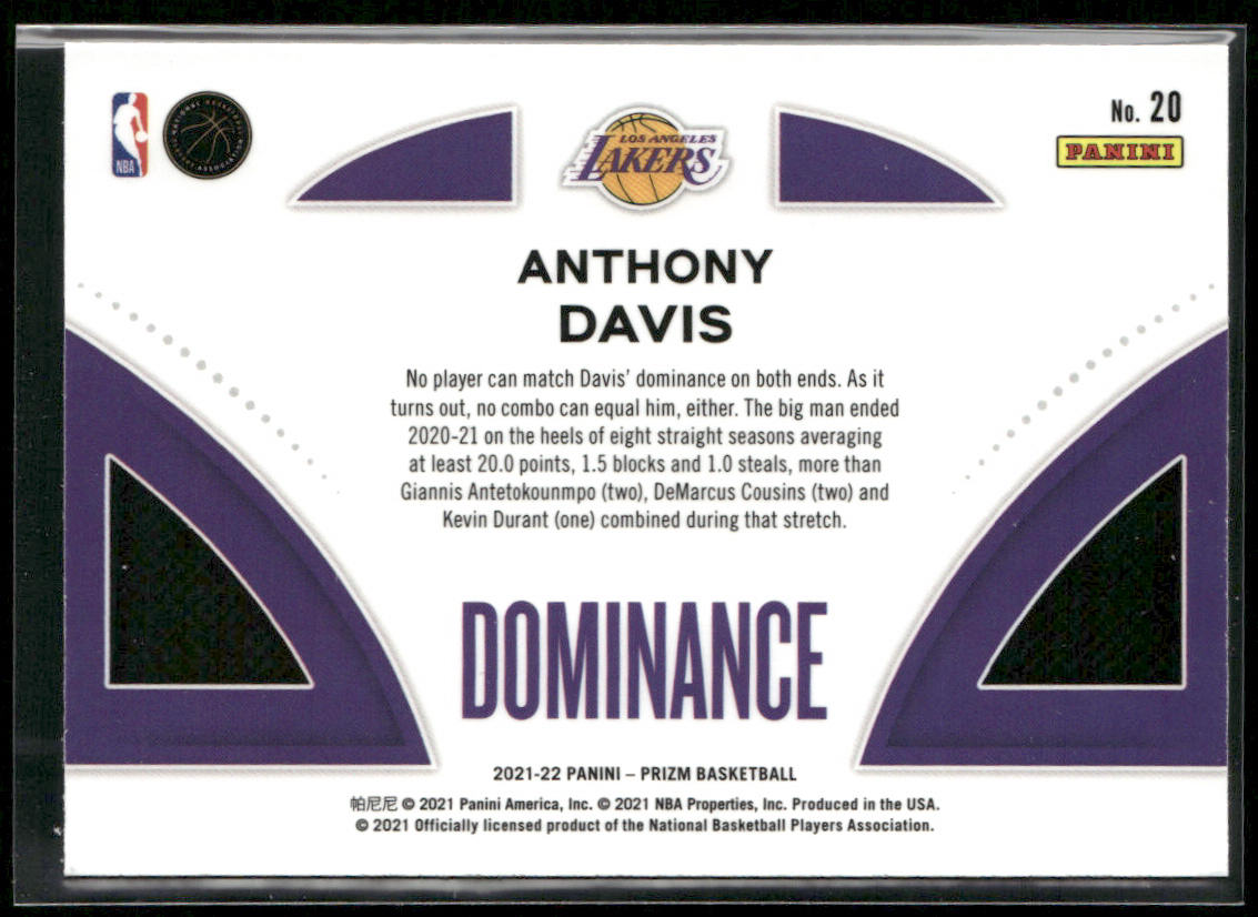 Anthony Davis 2021-22 Panini Prizm Dominance #20 Los Angeles Lakers