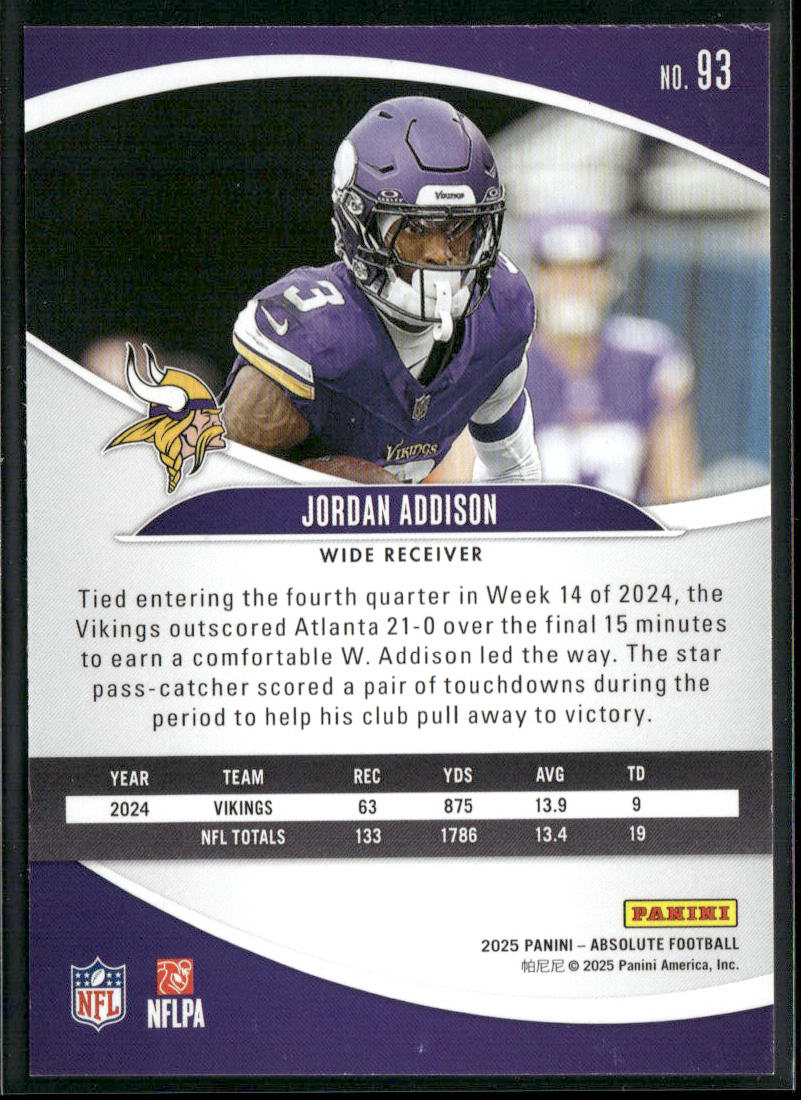Jordan Addison 2025 Panini Absolute Retail #93 Minnesota Vikings back