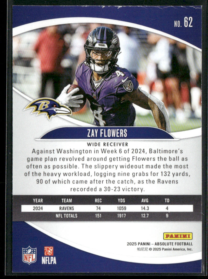 Zay Flowers 2025 Panini Absolute Retail #62 Baltimore Ravens back