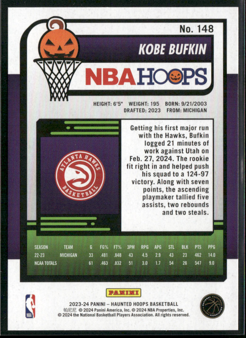Kobe Bufkin 2023-24 Hoops Haunted Hoops #148 RC Atlanta Hawks back