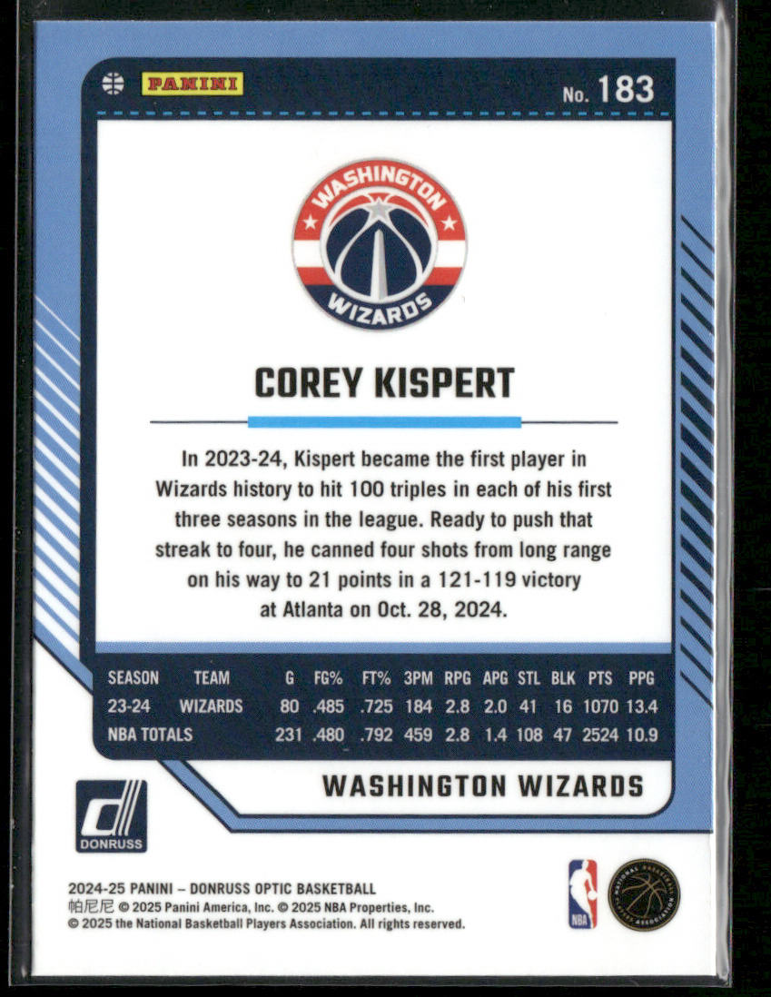 Corey Kispert 2024-25 Donruss Optic #183 Washington Wizards back