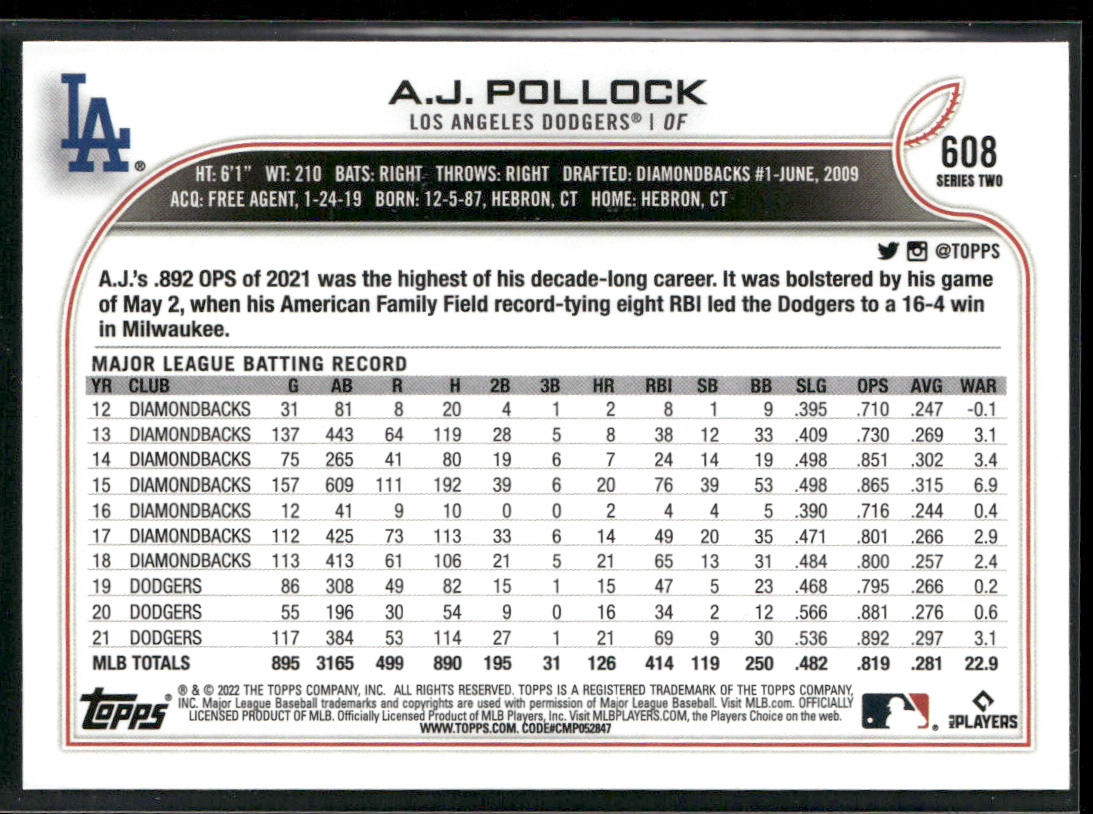 A.J. Pollock 2022 Topps #608 Los Angeles Dodgers back