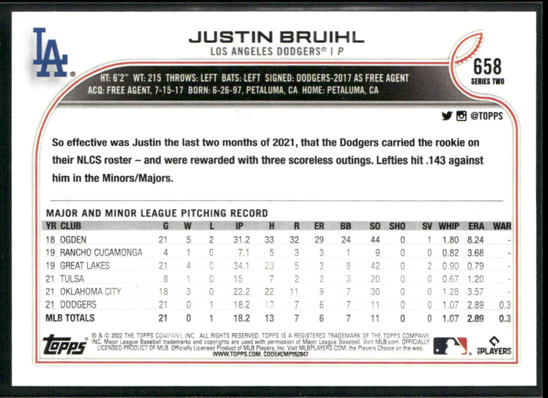 Justin Bruihl 2022 Topps #658 RC Los Angeles Dodgers back