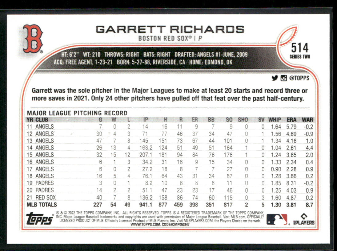 Garrett Richards 2022 Topps #514 Boston Red Sox back