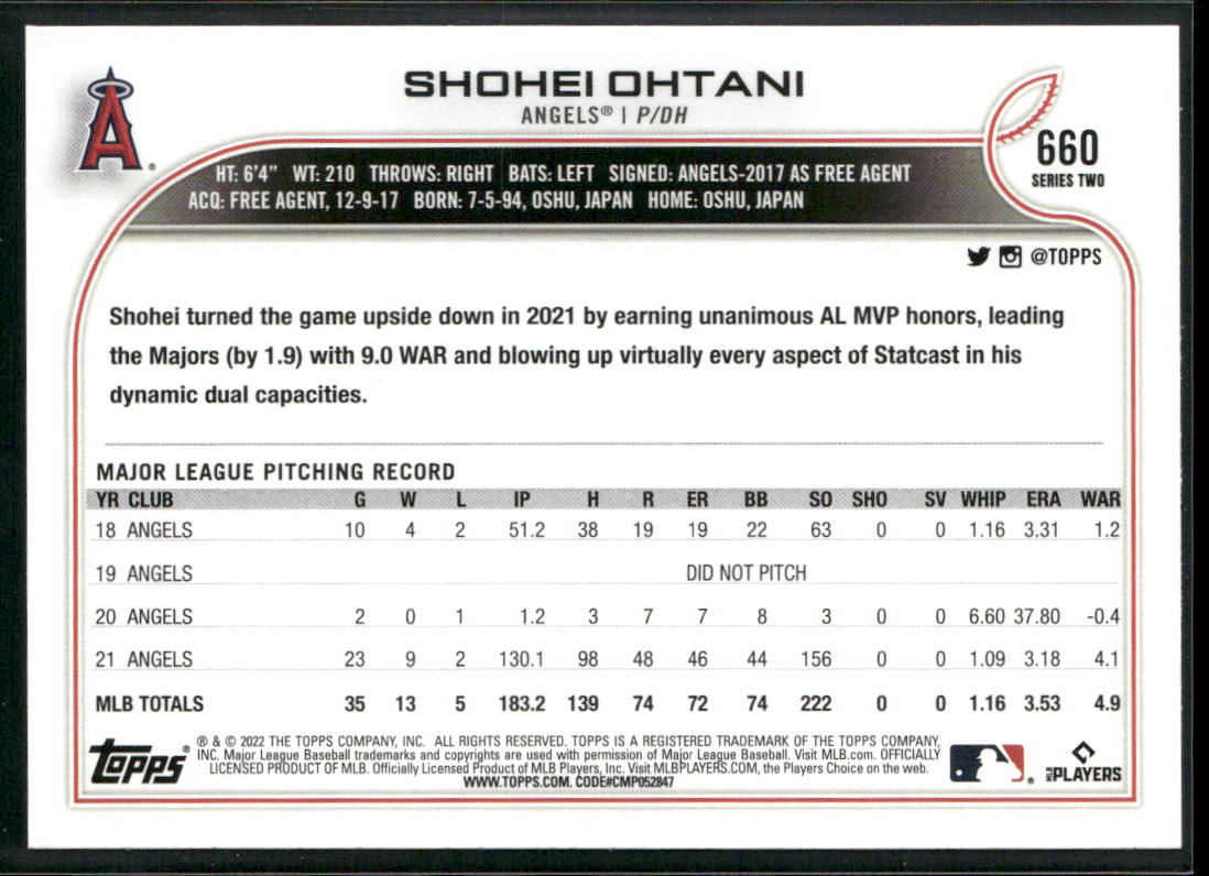 Shohei Ohtani 2022 Topps #660 Los Angeles Angels back