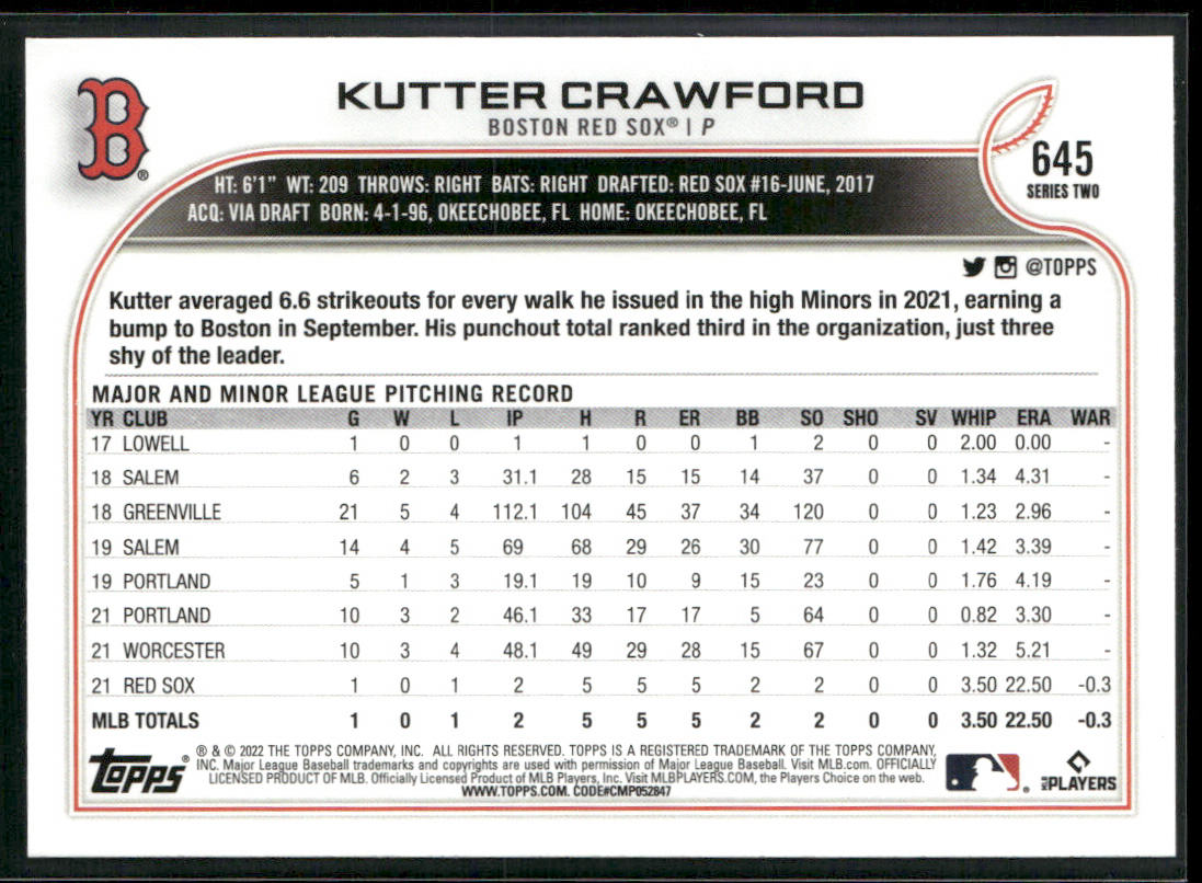 Kutter Crawford 2022 Topps #645b RC Boston Red Sox back