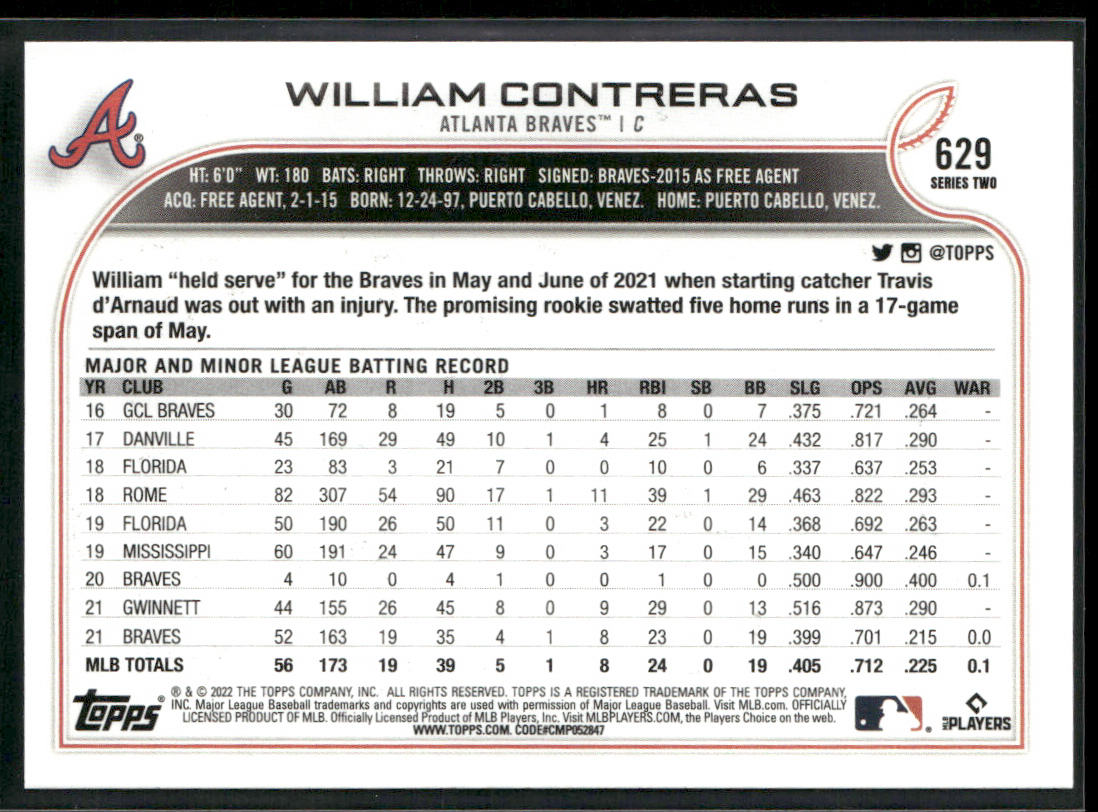 William Contreras 2022 Topps #629 Atlanta Braves back