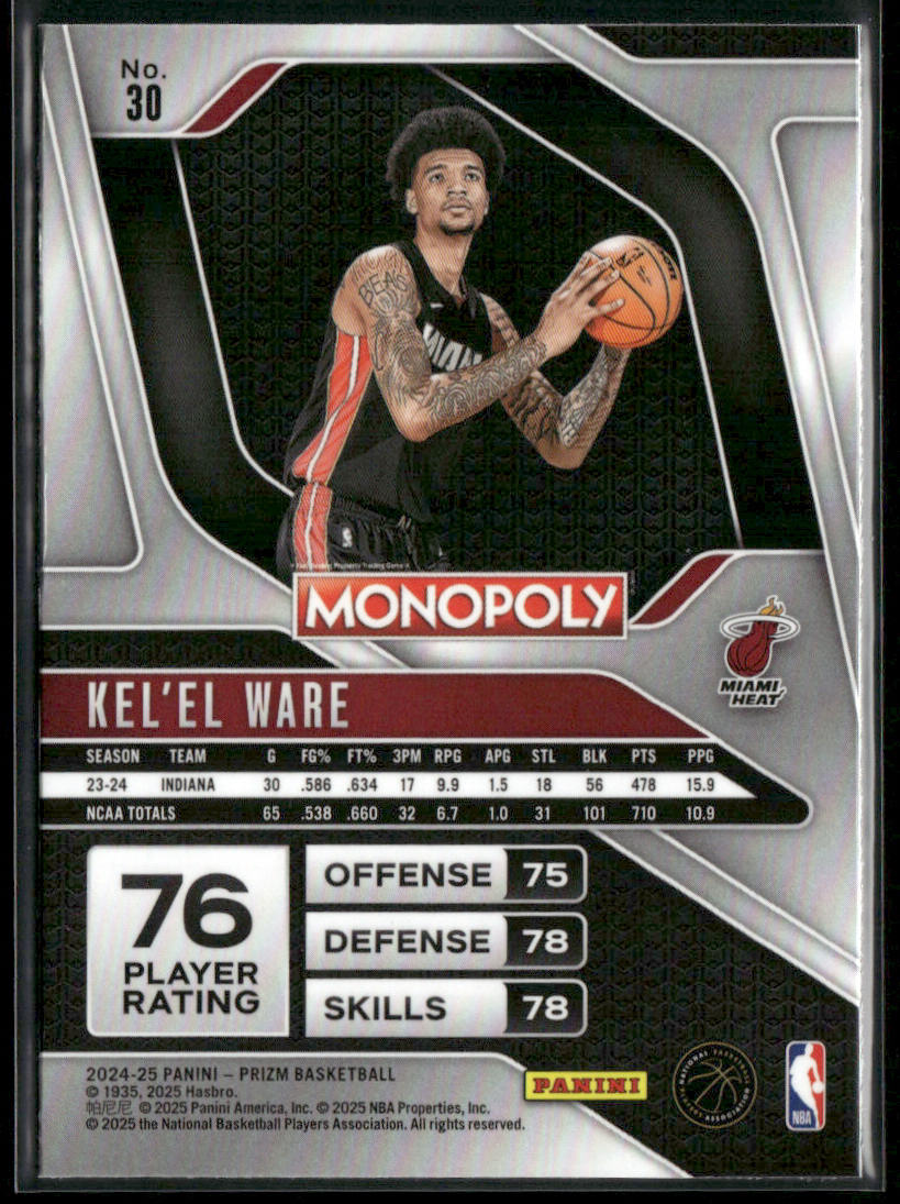 Kel'el Ware 2024-25 Panini Prizm Monopoly #30 RC Miami Heat back