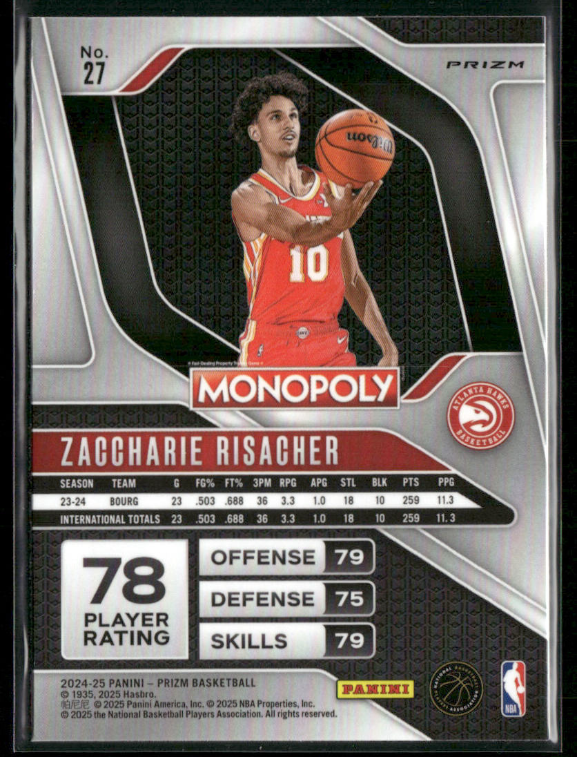 Zaccharie Risacher 2024-25 Panini Prizm Monopoly Red Prizms #27 RC Atlanta Hawks back