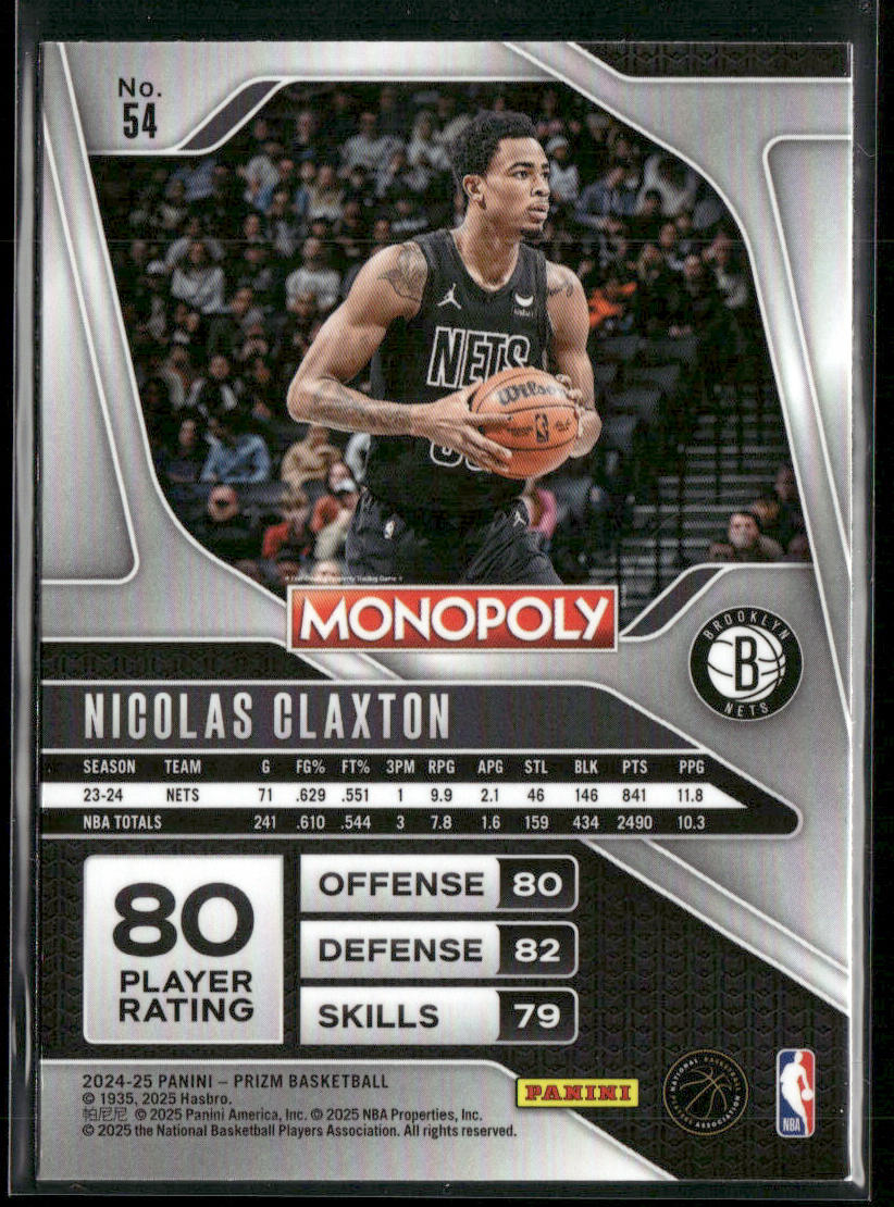 Nicolas Claxton 2024-25 Panini Prizm Monopoly #54 Brooklyn Nets back