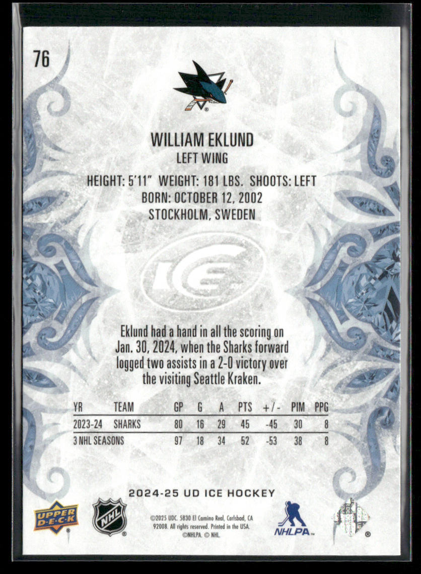 William Eklund 2024-25 Upper Deck Ice #76 San Jose Sharks back