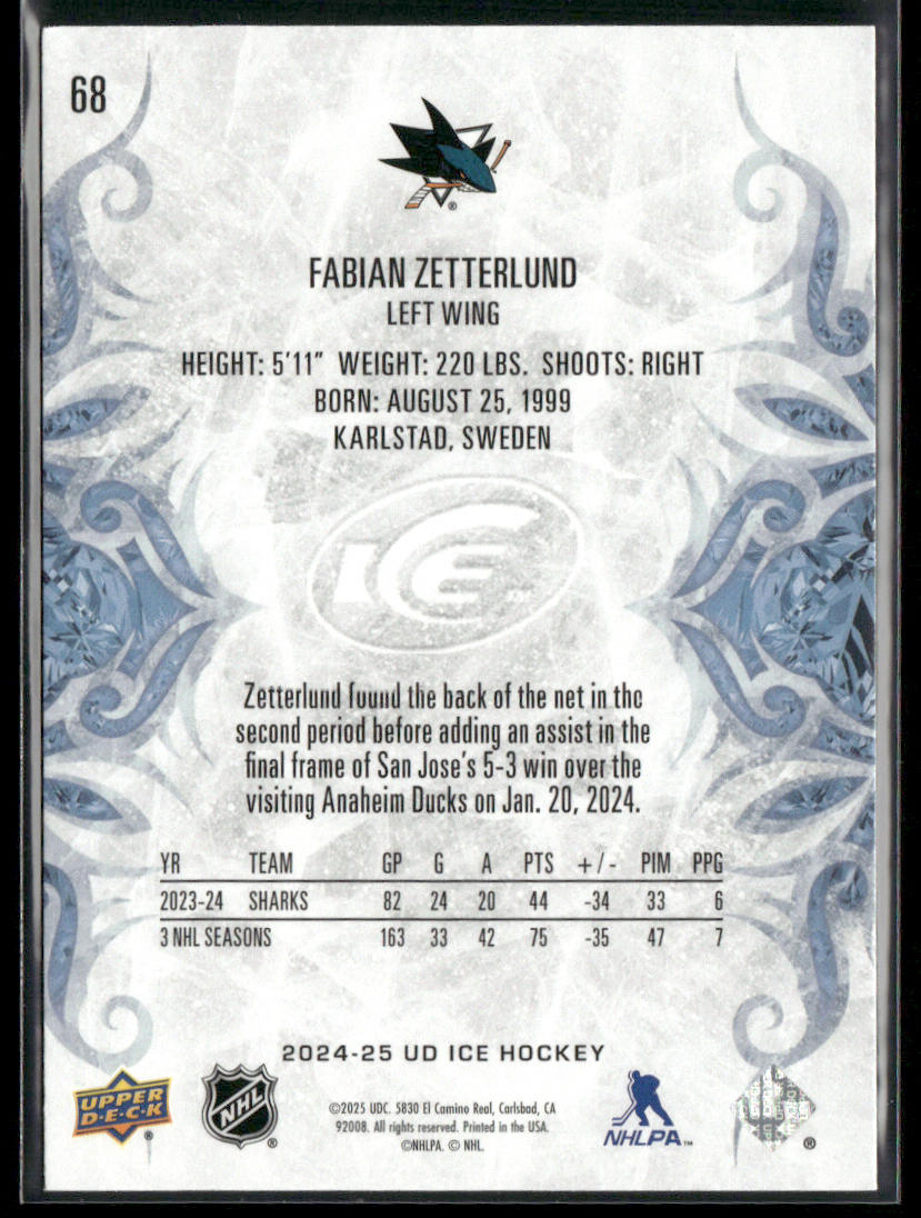 Fabian Zetterlund 2024-25 Upper Deck Ice #68 San Jose Sharks back