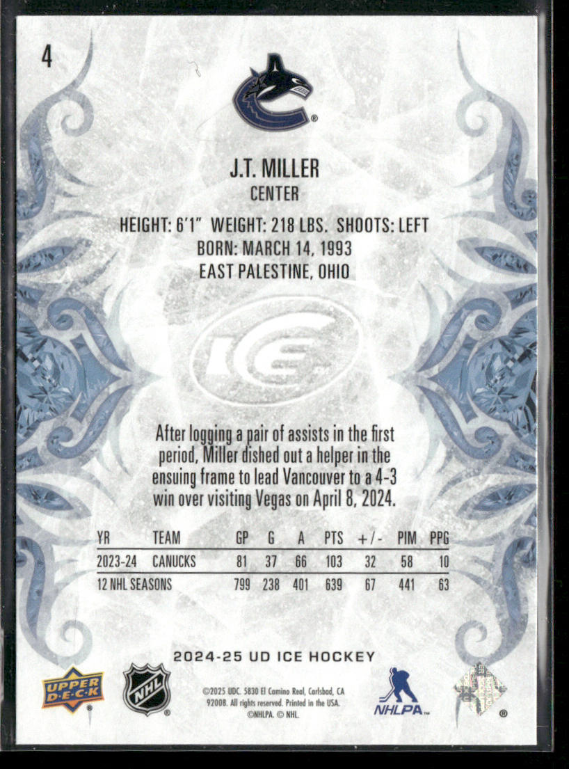 J.T. Miller 2024-25 Upper Deck Ice #4 Vancouver Canucks back