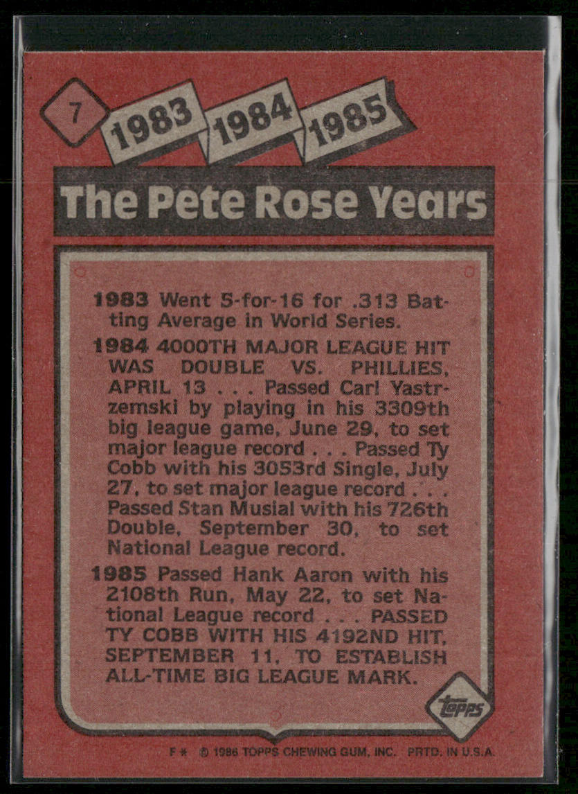 The Pete Rose Years: 1983-1985 TPRY 1986 Topps #7 back