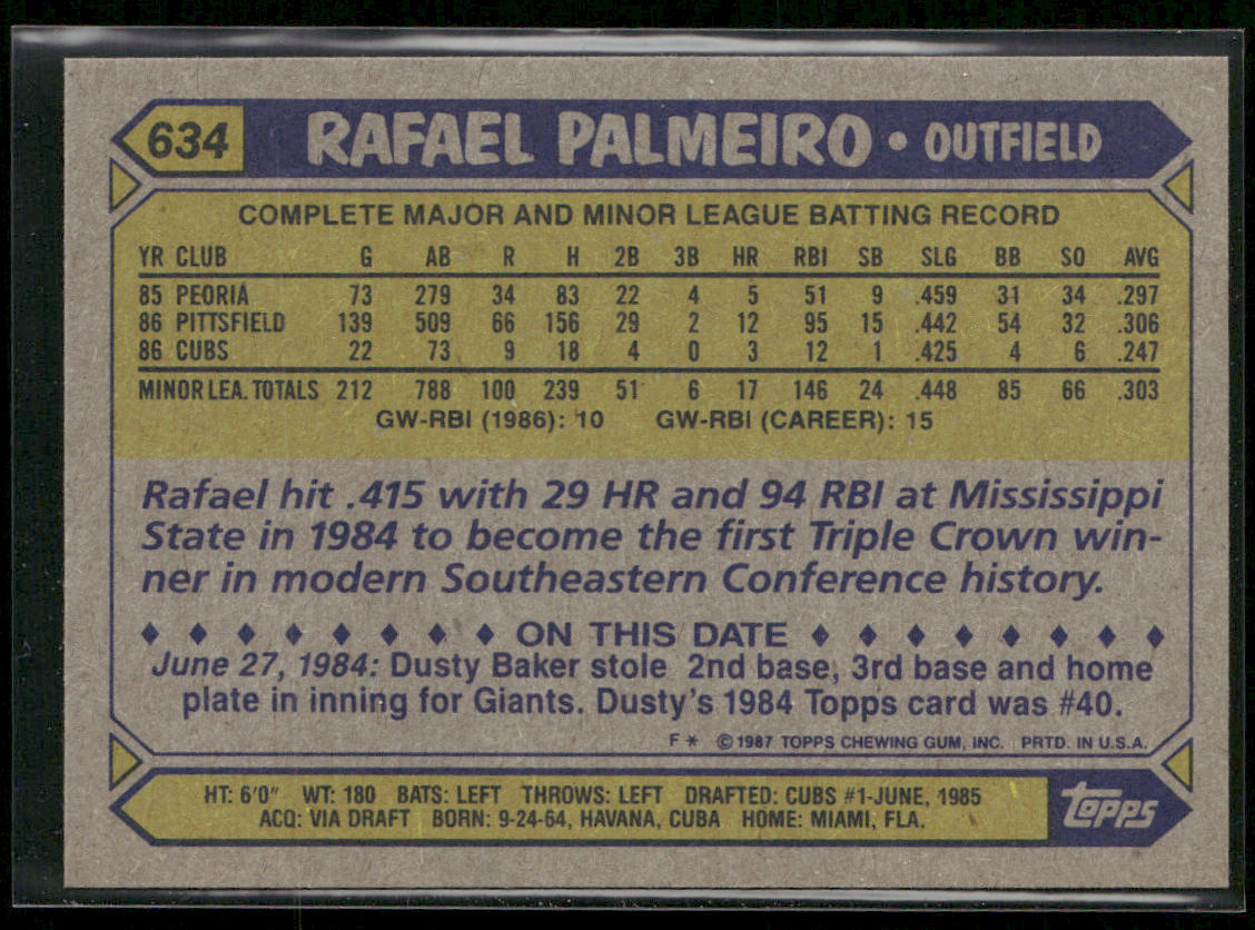 Rafael Palmeiro 1987 Topps #634 RC Chicago Cubs back