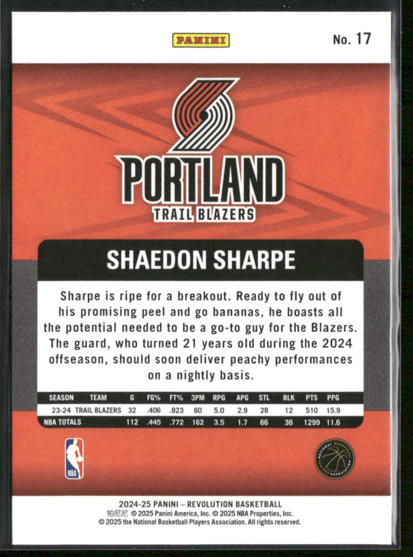 Shaedon Sharpe 2024-25 Panini Revolution #17 Portland Trail Blazers back