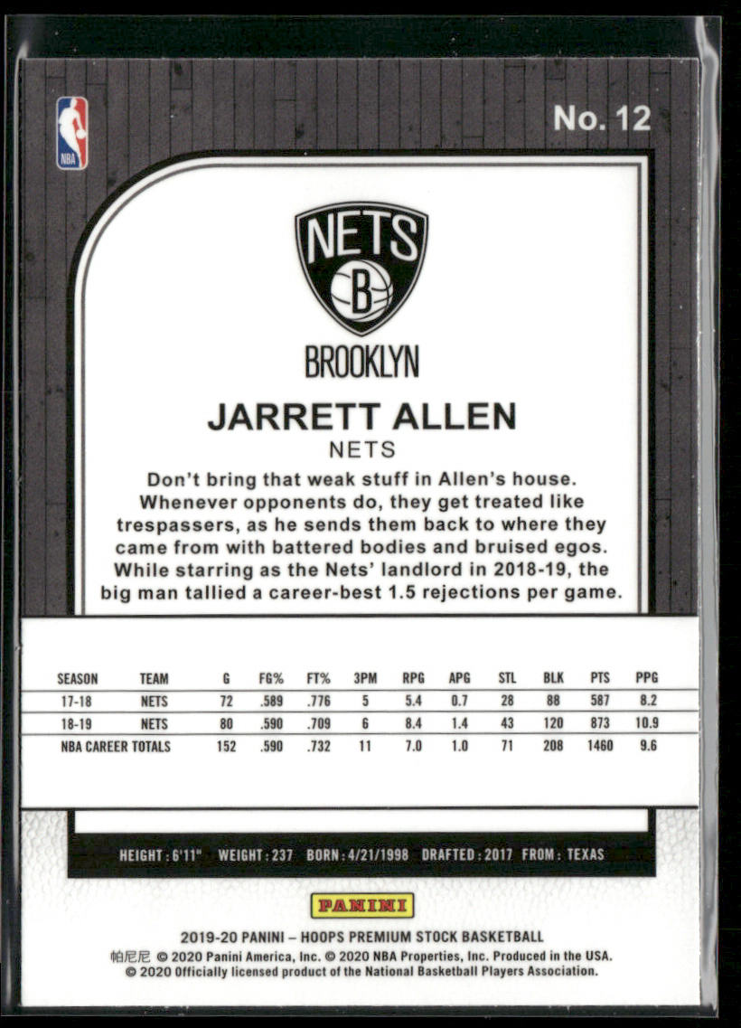 Jarrett Allen 2019-20 Hoops Premium Stock #12 Brooklyn Nets back