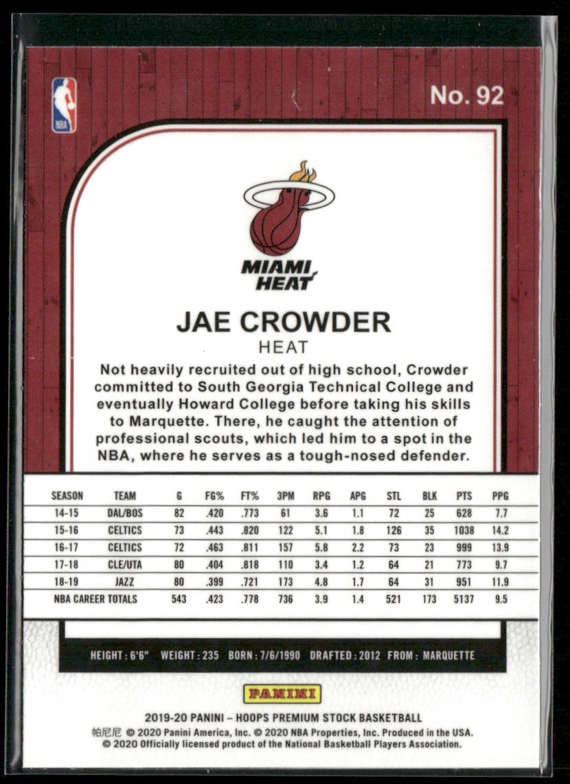 Jae Crowder 2019-20 Hoops Premium Stock #92 Miami Heat back