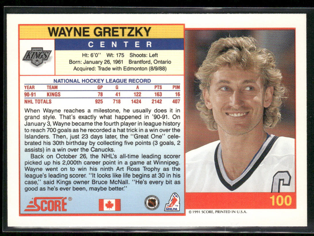 Wayne Gretzky 1991-92 Score Canadian English #100 Los Angeles Kings back
