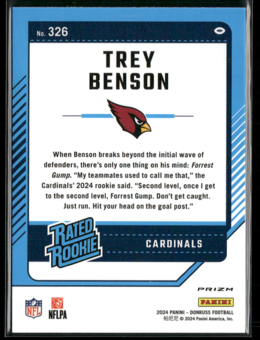 Trey Benson 2024 Donruss Optic Rated Rookies Preview Red Pandora #326 RC back