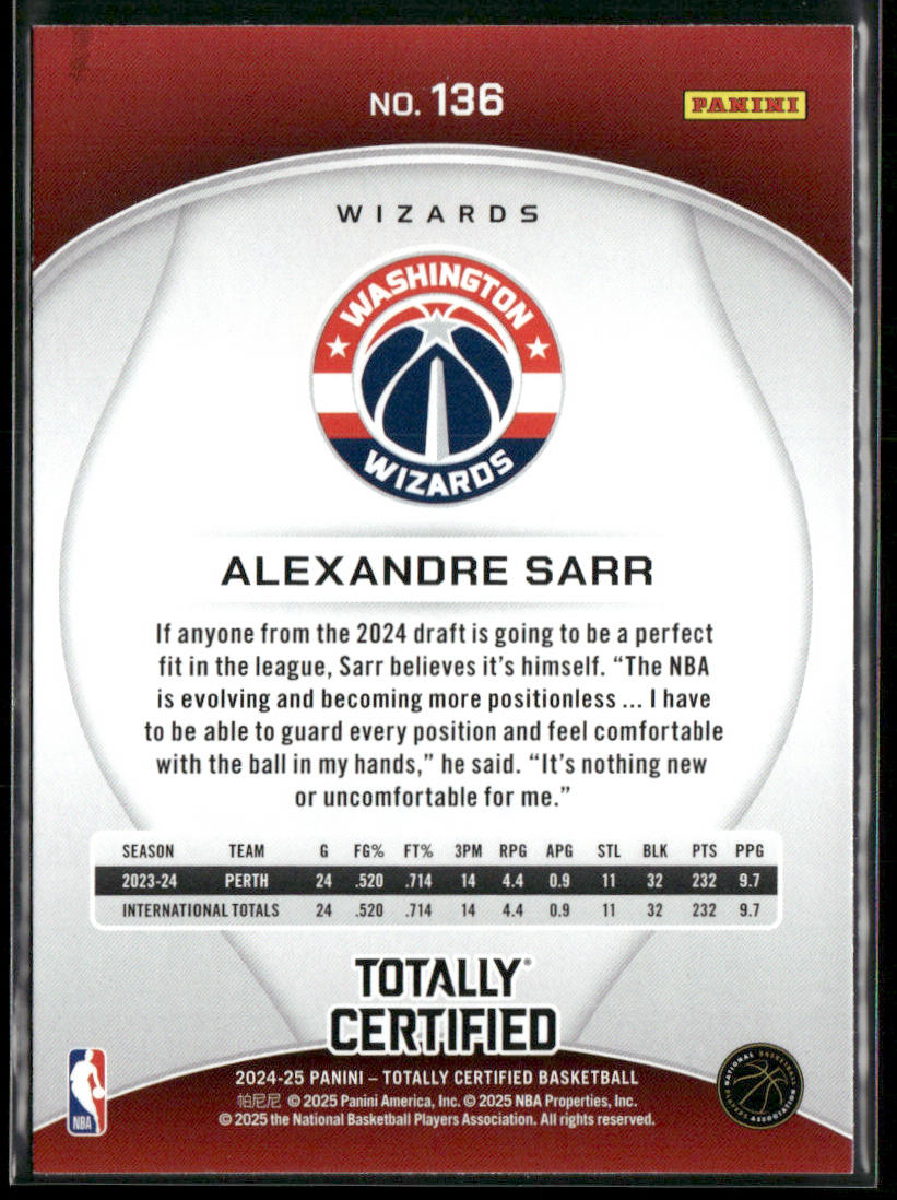 Alexandre Sarr 2024-25 Panini Totally Certified Mirror #136 RC back