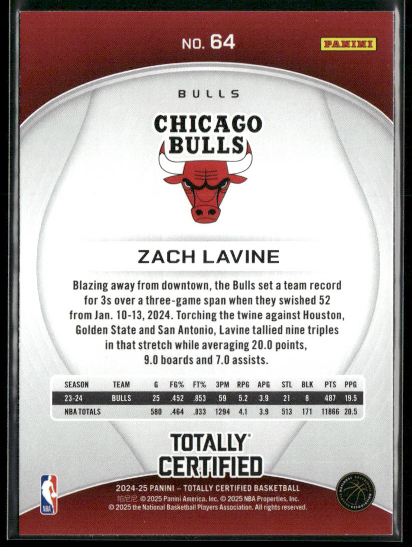 Zach LaVine 2024-25 Panini Totally Certified #64 Chicago Bulls back
