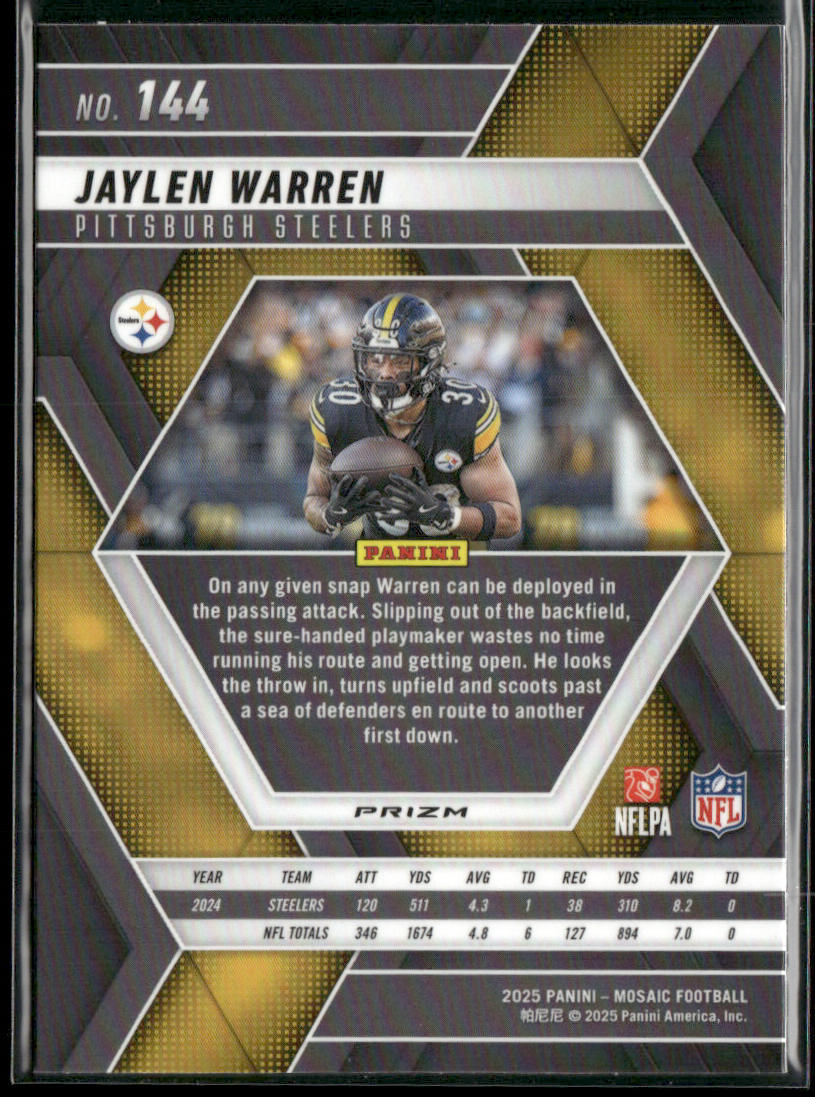 Jaylen Warren 2025 Panini Mosaic Mosaic Reactive Yellow #144 Pittsburgh Steelers back