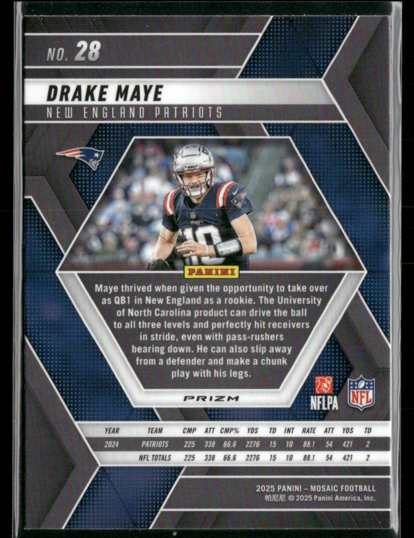 Drake Maye 2025 Panini Mosaic Mosaic Reactive Yellow #28 New England Patriots back