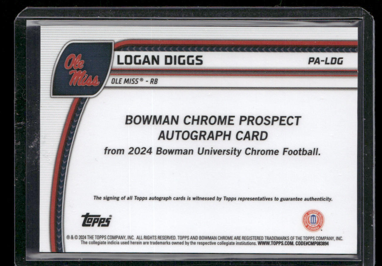 Logan Diggs 2024 Bowman Chrome Prospect Auto Fuchsia Refractor #PA-LDG SN,AU back