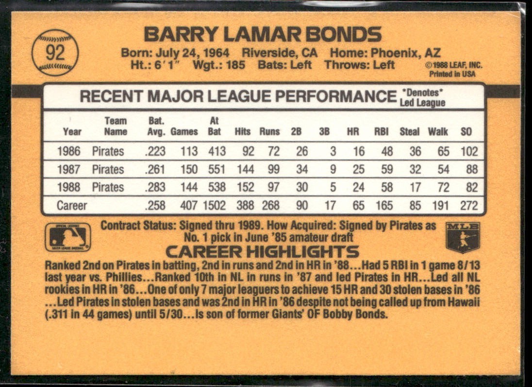 Barry Bonds Player Lot Bundle 10 Different Baseball Cards BB004 Giants Pirates back