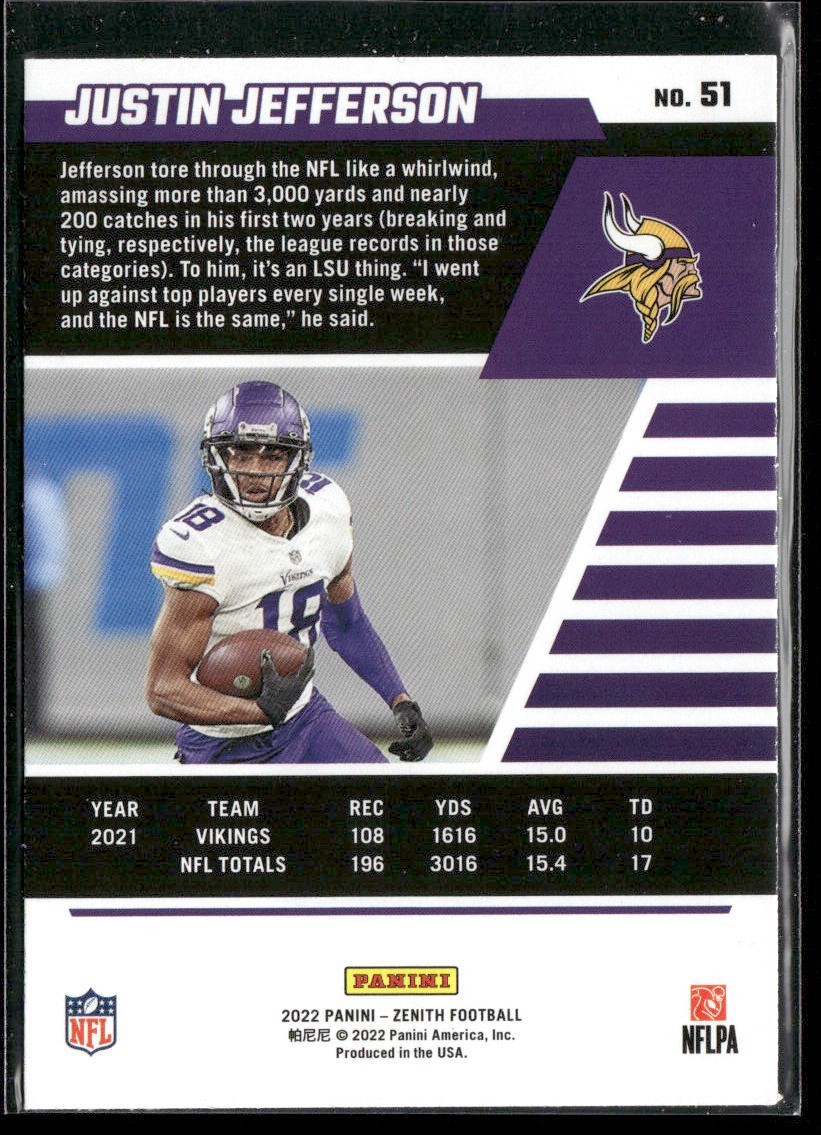Justin Jefferson Player Lot Bundle 10 Different Football Cards JJ002 Vikings back