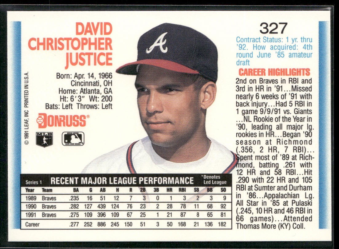 David Justice Player Lot Bundle 11 Different Baseball Cards DJ001 Braves back