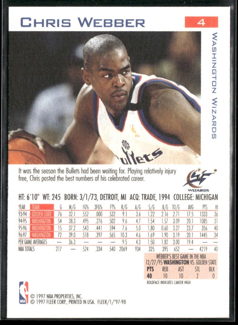 Chris Webber Player Lot Bundle 10 Basketball Cards CW002 Warriors 1 RC back