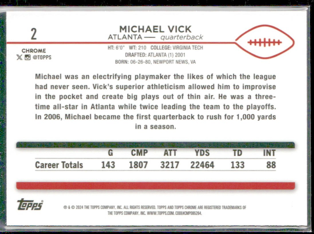 Michael Vick Atlanta 2024 Topps Chrome Purple Refractor #2 065/399 Falcons back