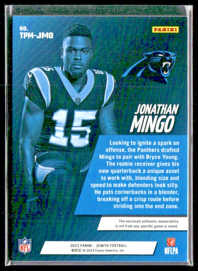 2023 Panini Zenith - Turning Pro Memorabilia Jonathan Mingo #TPM-JMO (MEM, RC) back